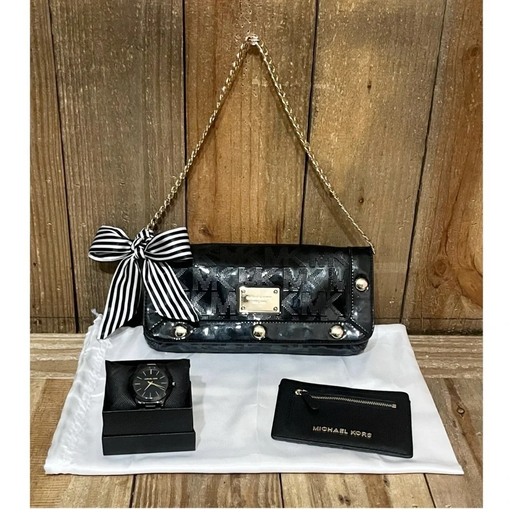 Michael Kors. 5 Piece: Delancy Clutch & Free Watch, Card Case, Twilly & Dust Bag